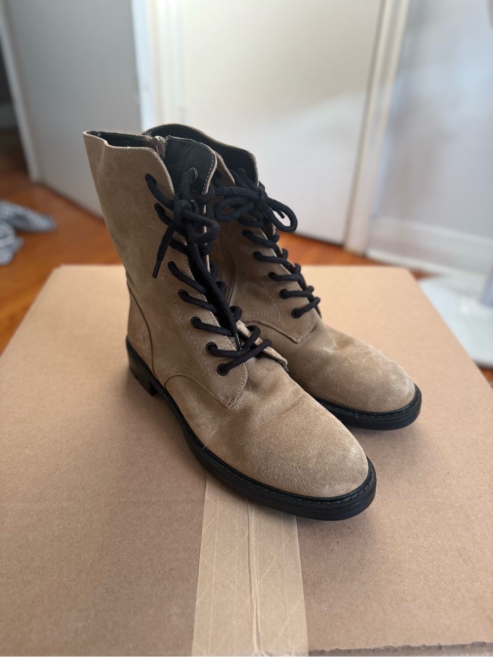 Zara Women's Lace-Up Suede Boots in Taupe with Black Laces